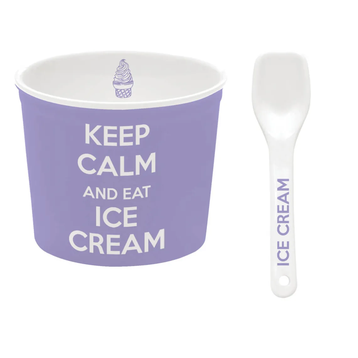 Bol à glace avec cuillère, dans une boîte Keep CALM AND EAT ICE CREAM PURPLE