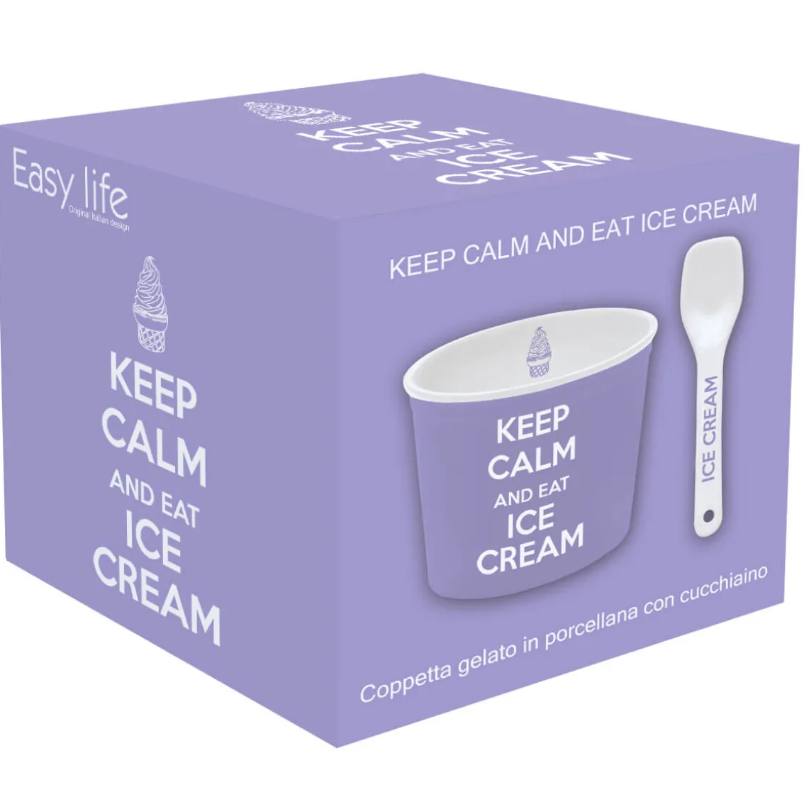 Bol à glace avec cuillère, dans une boîte Keep CALM AND EAT ICE CREAM PURPLE